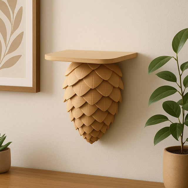 Pinecone wall shelf in tan PLA, showcasing 3D printed design and rustic beauty for nature-inspired decor.