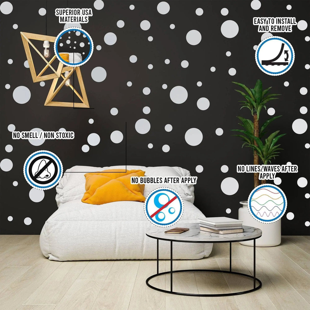 Cozy living room featuring stylish vinyl circle wall decals on a black wall with modern decor and a comfy chair.