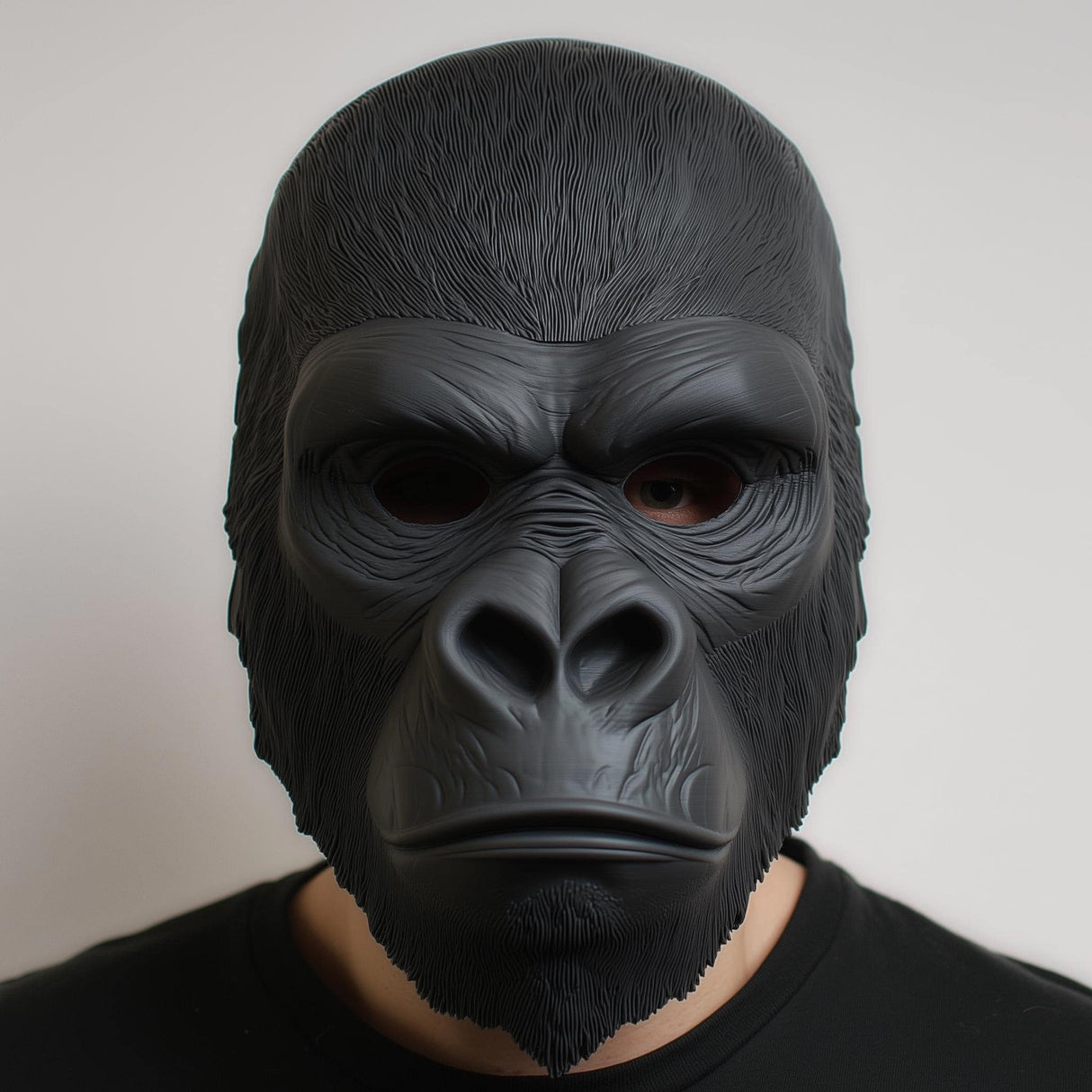 Realistic black gorilla face mask, 3D printed, perfect for Halloween costumes and cosplay accessories.