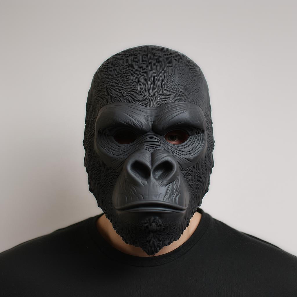 Realistic 3D printed gorilla face mask worn by a person, showcasing intricate fur details for costumes and cosplay.