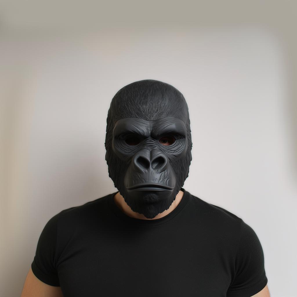 Realistic black gorilla face mask worn by model, showcasing 3D printed detail ideal for costume parties and cosplay.