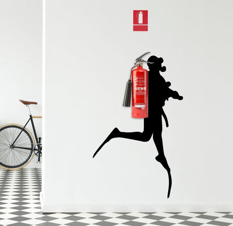 Creative wall decal of a firefighter silhouette with a fire extinguisher attached, ideal for safety and decor.