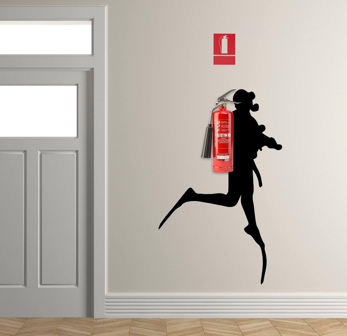 Underwater theme decal featuring a scuba diver wall sticker alongside a fire extinguisher on a modern wall.