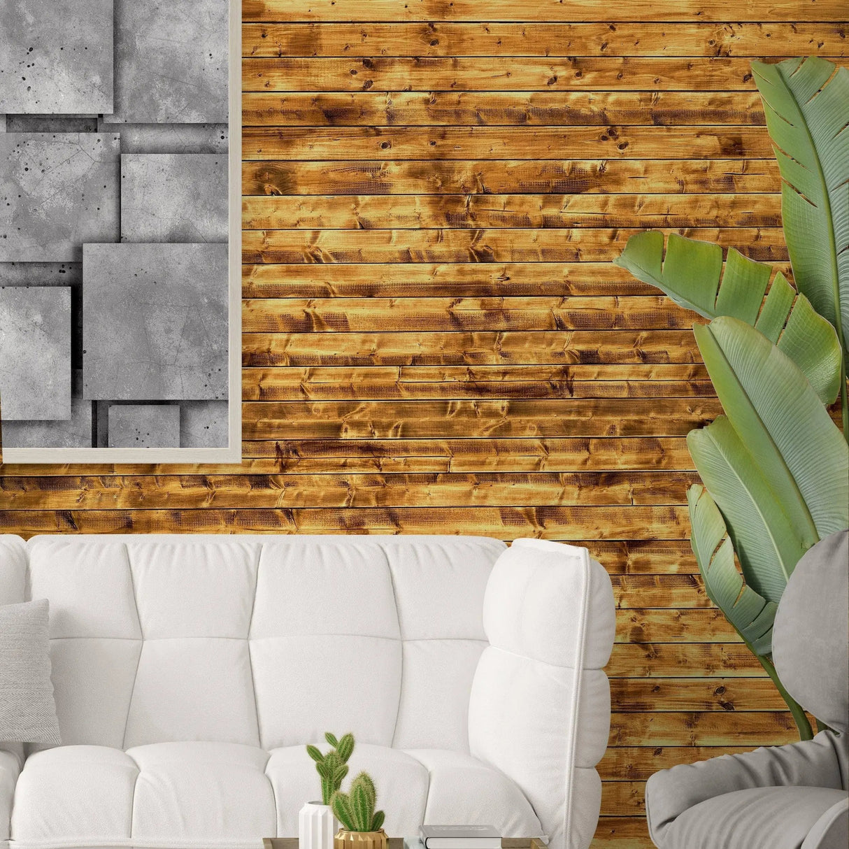 Self-stick rustic wood plank wallpaper in a stylish living room with a white couch and green plants.