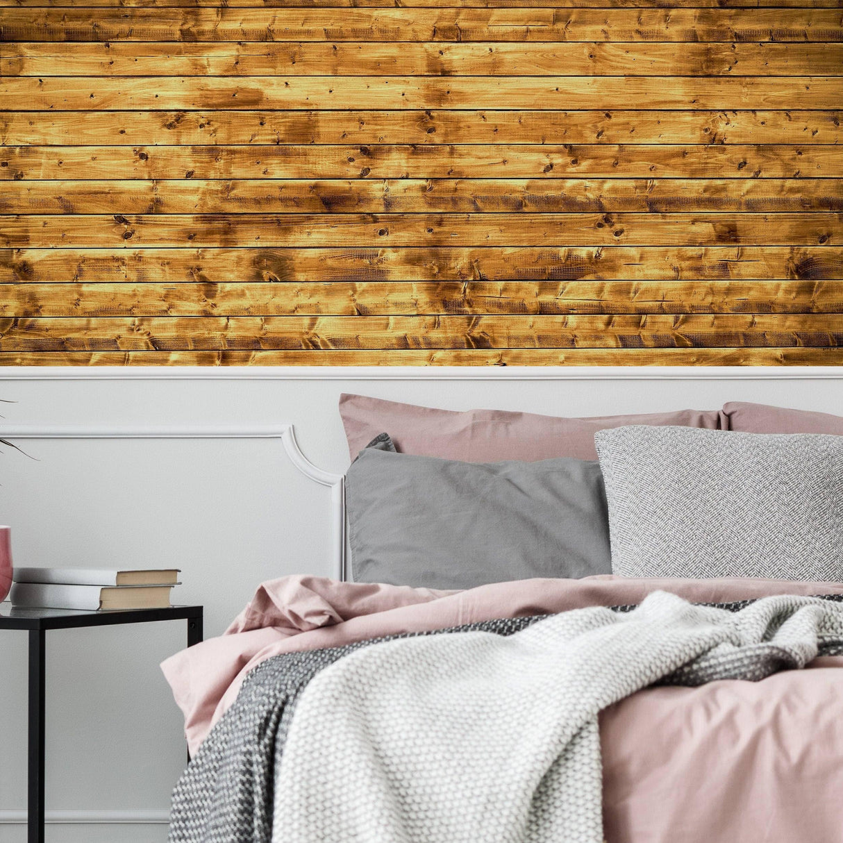 Rustic wood plank wallpaper in a cozy bedroom setting with soft bedding and minimalist decor.