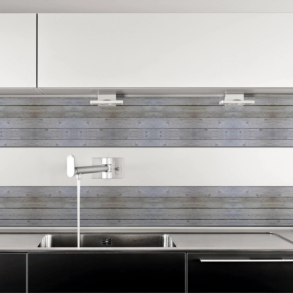 Modern kitchen featuring rustic wood plank peel and stick wallpaper backsplash for easy home transformation.