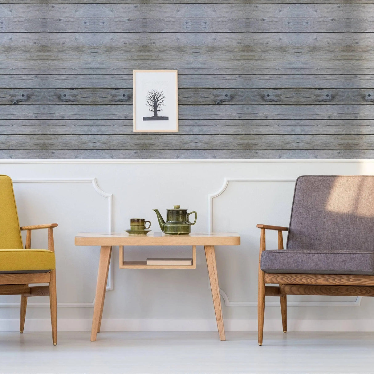 Rustic wood plank wall decal in a stylish living room with yellow and gray chairs and a minimalist decor.