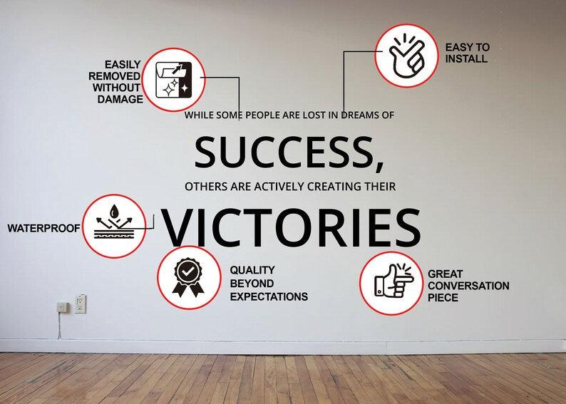 Motivational wall decal with success quote showcasing easy installation and great quality, perfect for home office decor.