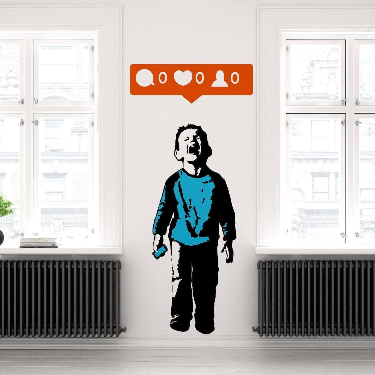 Crying boy graffiti wall decal sticker in a modern interior setting, featuring social media icons above.