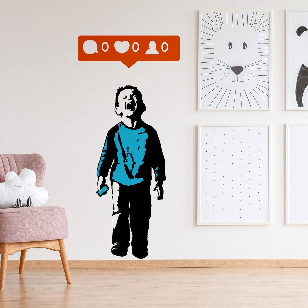 Street art wall decal featuring a laughing boy with social media icons, perfect for urban decor.