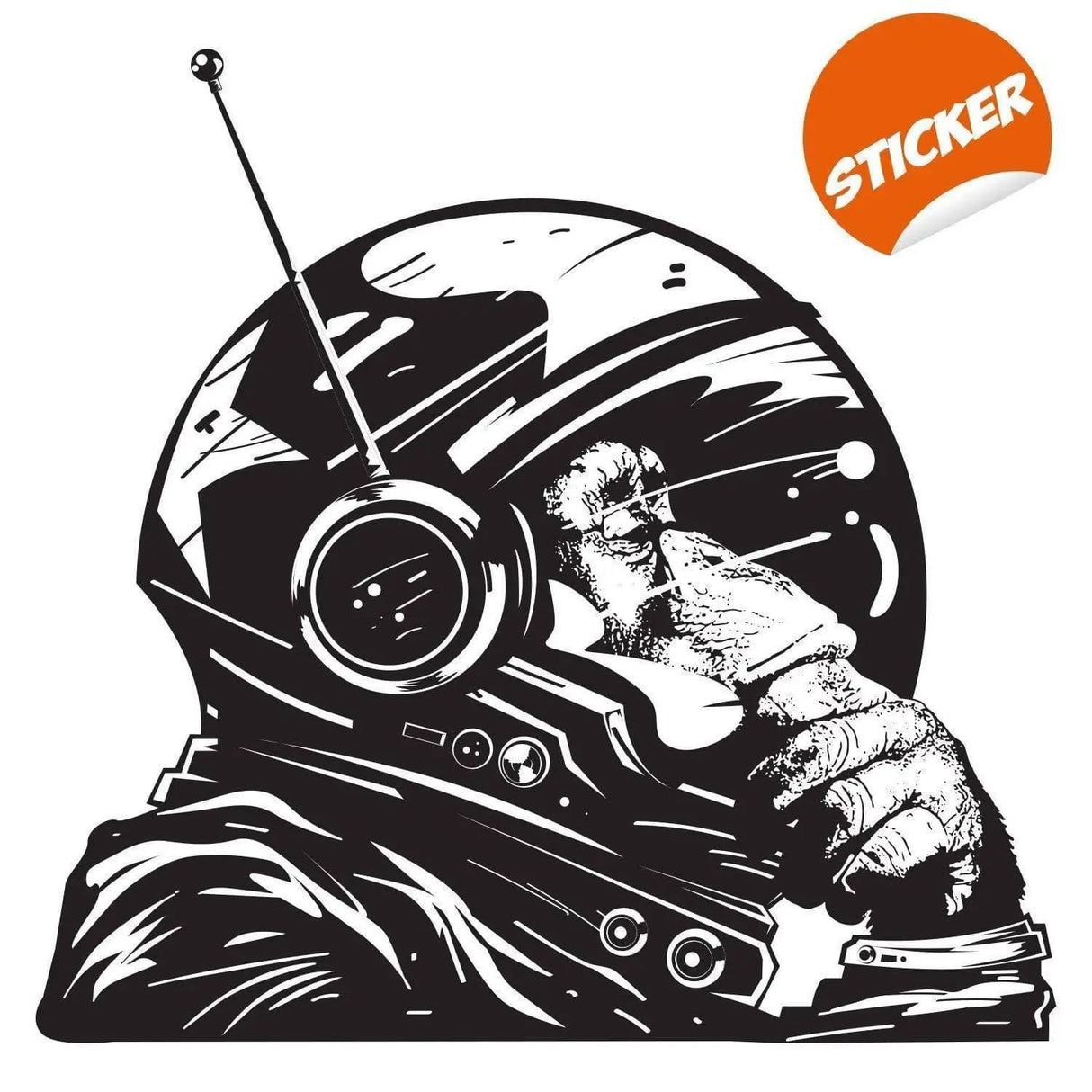 Astronaut monkey wall sticker design showcasing a thoughtful chimp in a space helmet, perfect for kid's room decor.