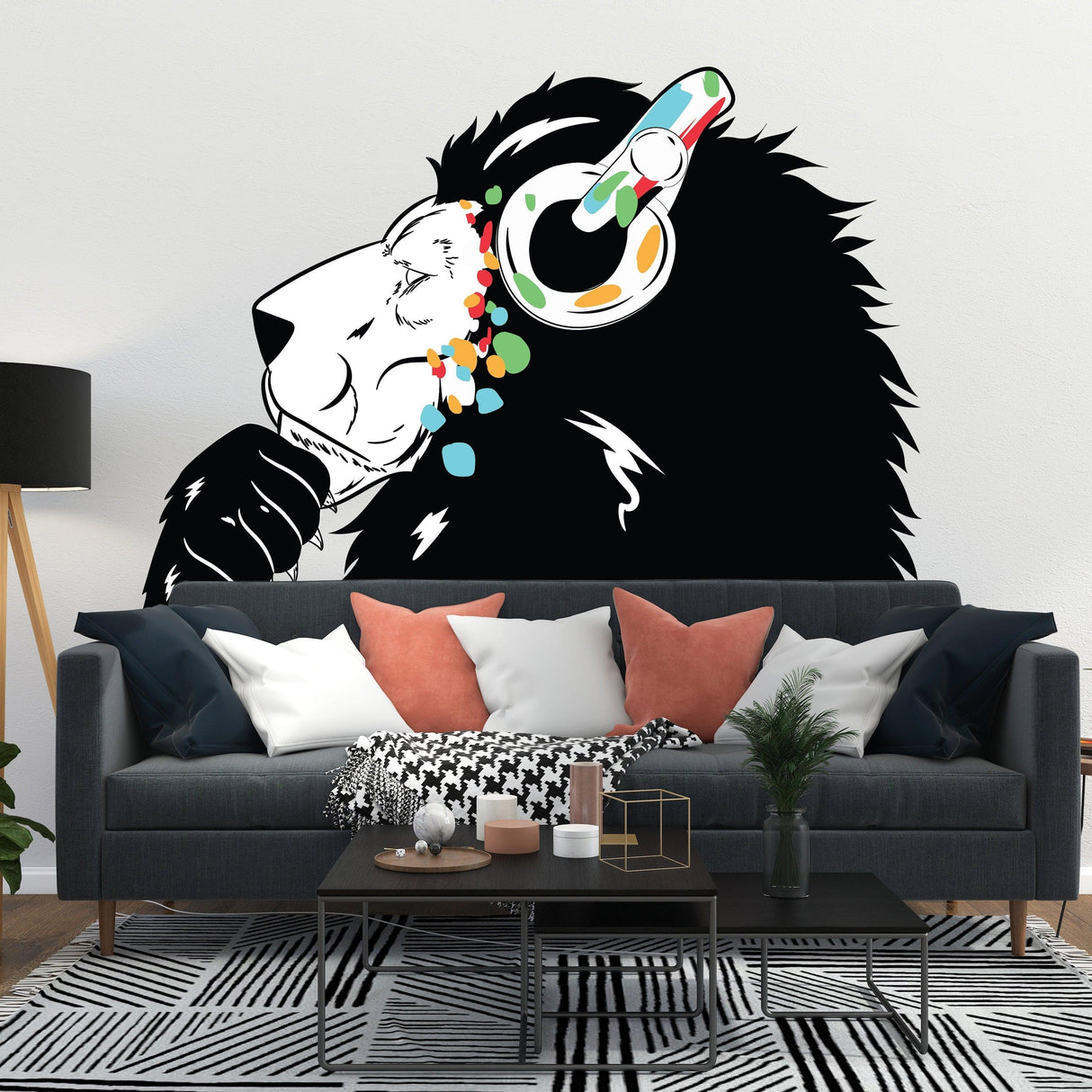 Street art lion wall decal with headphones, vibrant colors, perfect for urban decor and music lovers.