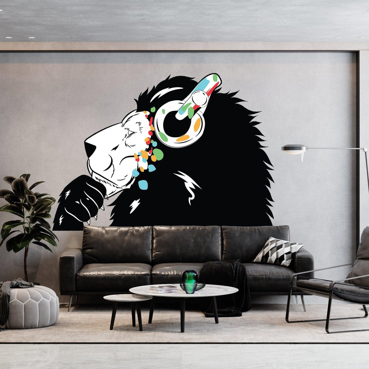 Street art lion wall decal with headphones, adding urban music flair to modern living room decor.