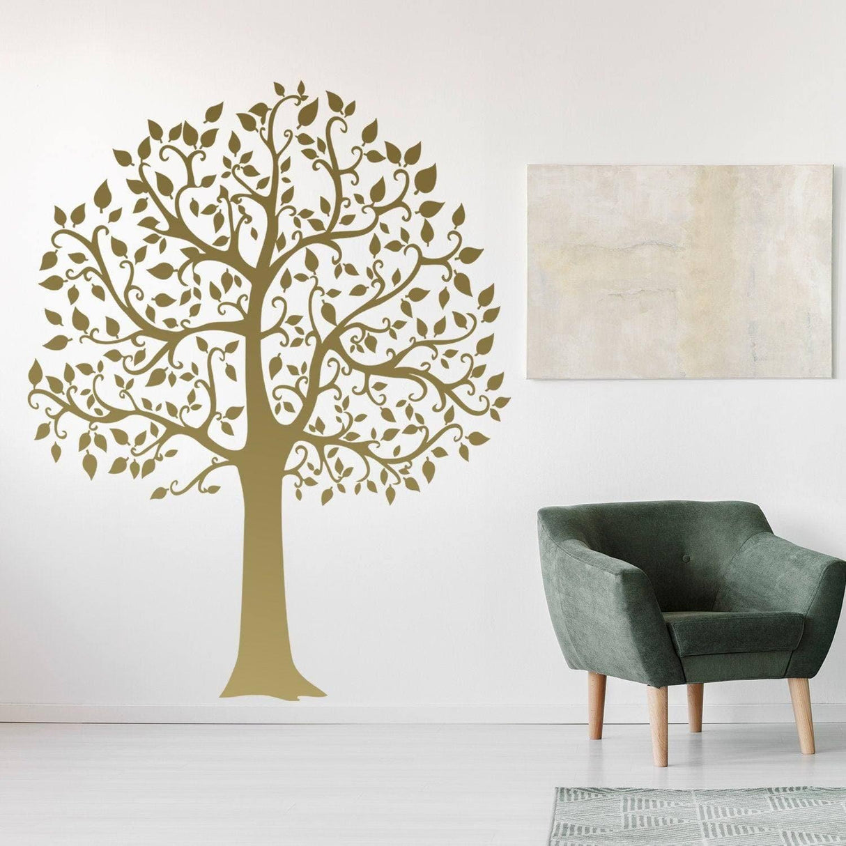 Serenity Tree Wall Sticker in gold color on white wall, enhancing interior space with nature-inspired design.