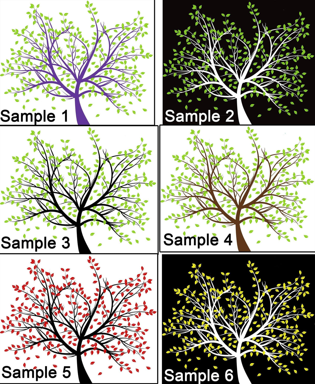 Samples of tree vinyl wall decals in various colors and designs for home decor.