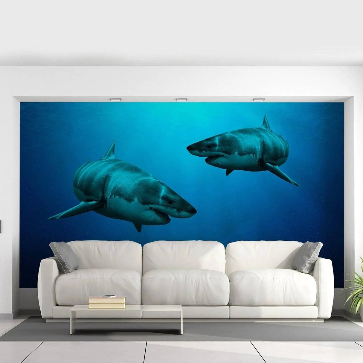 Ocean-themed wall decal of two sharks swimming in blue water, perfect for marine life decor.