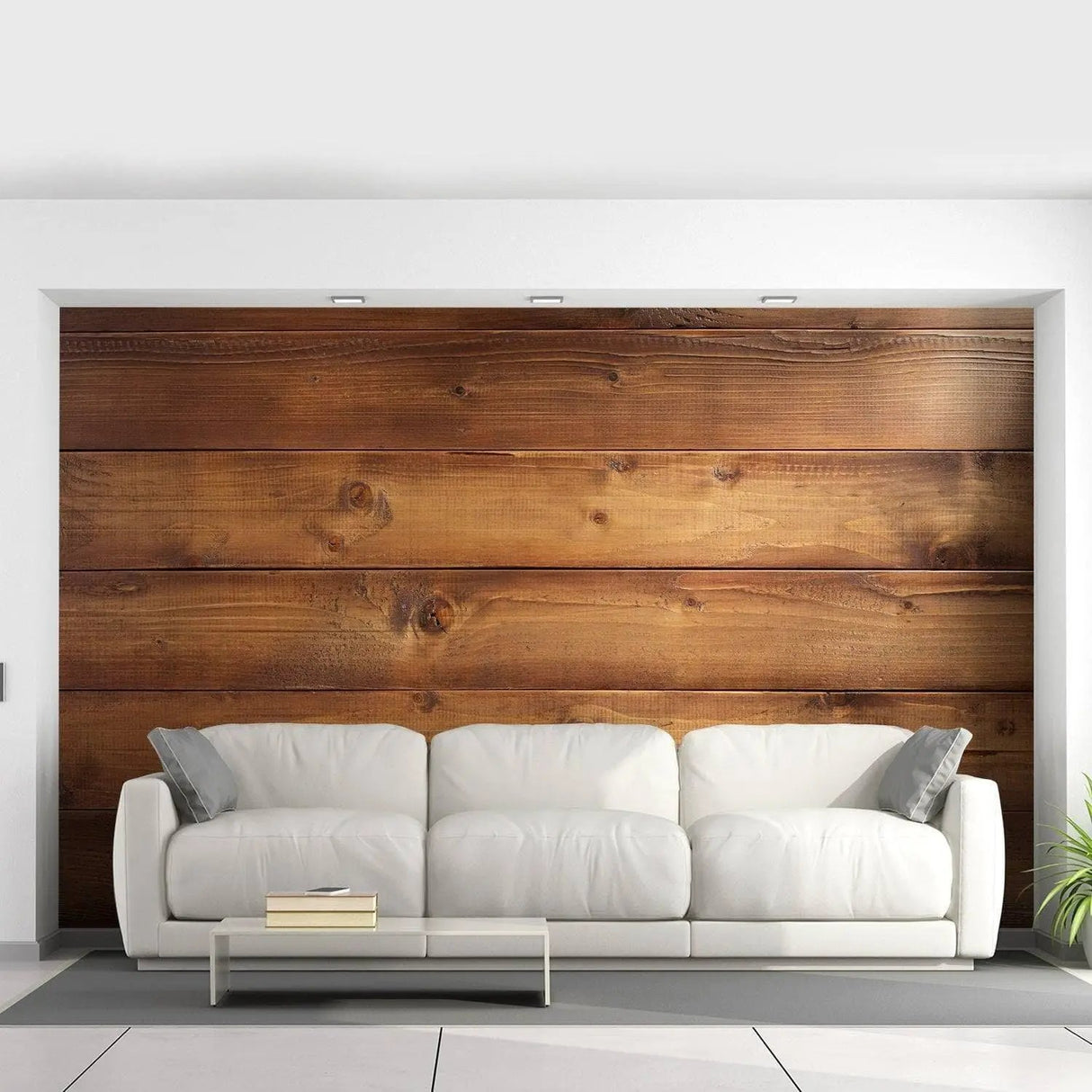 Elegant wooden style wall with self-adhesive vinyl decals behind a white sofa in a modern living room.