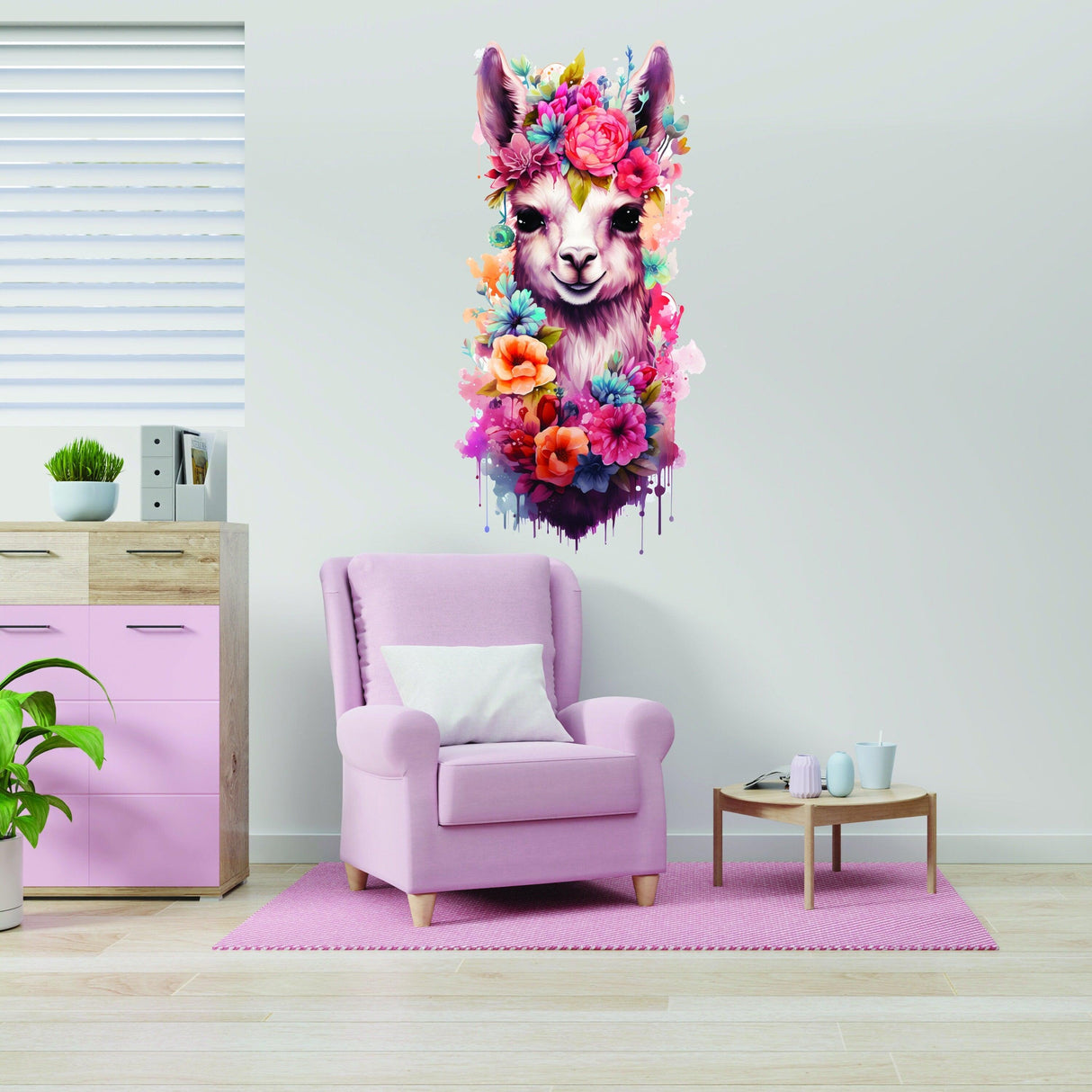 Whimsical alpaca wall sticker with vibrant flowers in a child's room, perfect for modern nursery decor.