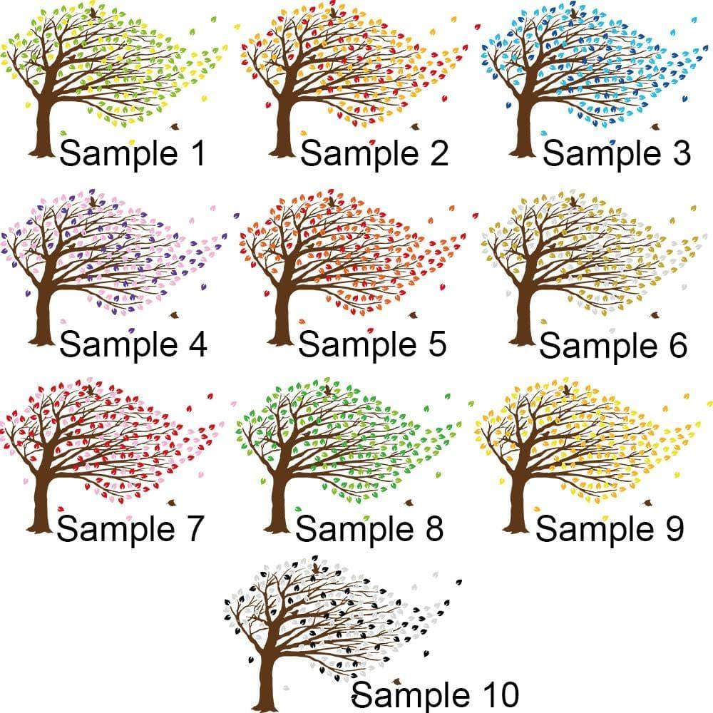 Collage of ten colorful fantasy tree wall sticker samples with flowing leaves and different colors.