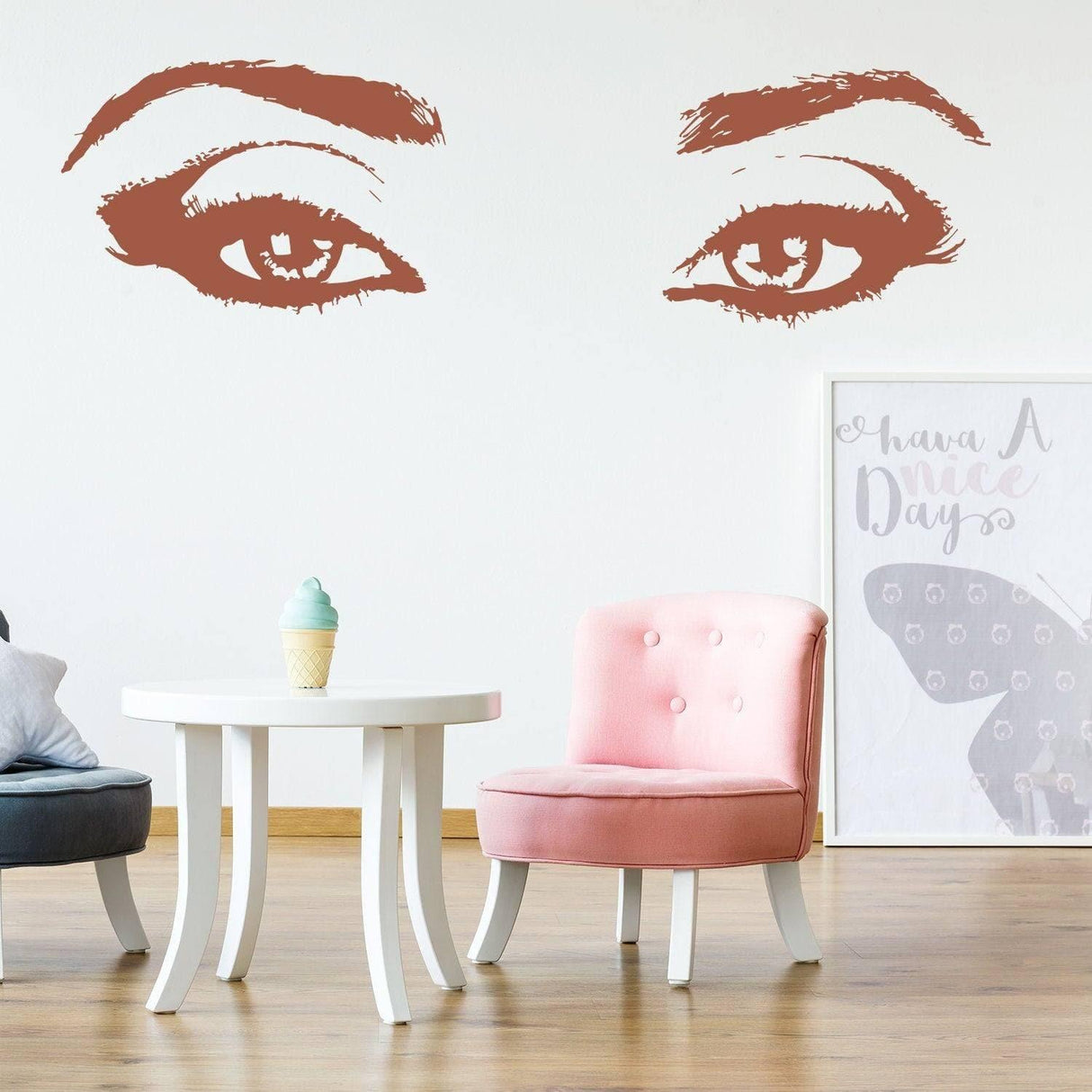 Elegant vinyl wall decal featuring beautiful eyes, perfect for enhancing style in any room.