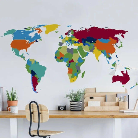Colorful world map wall decal, ideal for adding adventure to any space, made of high-quality vinyl.