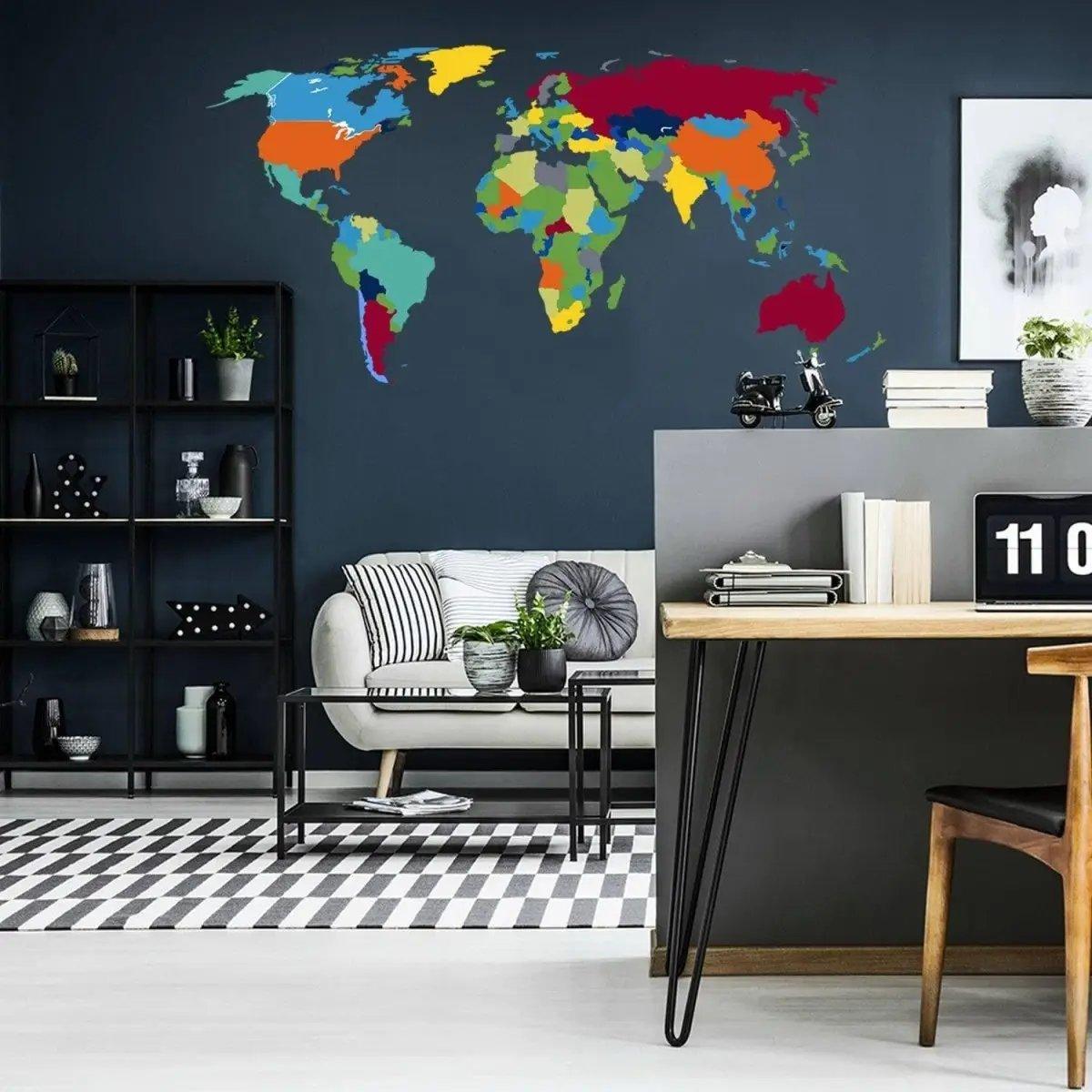 Colorful world map wall sticker adding adventure to modern living room decor.