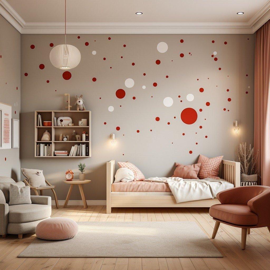 Child's room decorated with matte white and red vinyl dot stickers on the walls for a playful atmosphere.