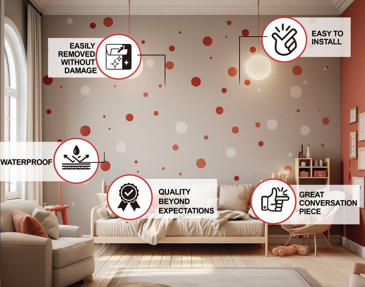 Matte white and red vinyl stickers displayed on a stylish living room wall, showcasing their easy installation and removal.