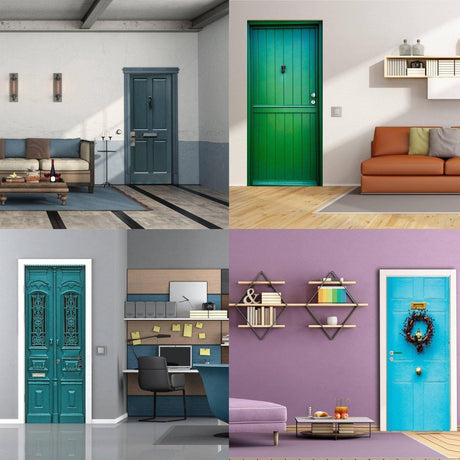 Collage of stylish doors showcasing vibrant colors and modern interiors, perfect for a home makeover.