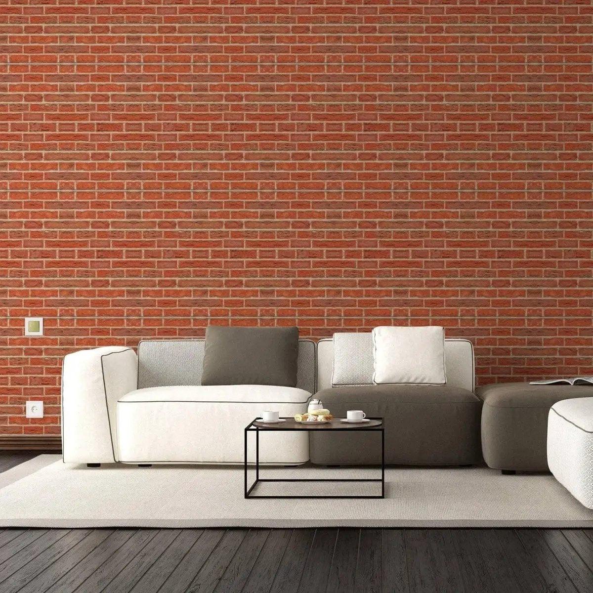 Cozy living room featuring a brick wall, modern sofa with pillows, and a coffee table for stylish home makeover.