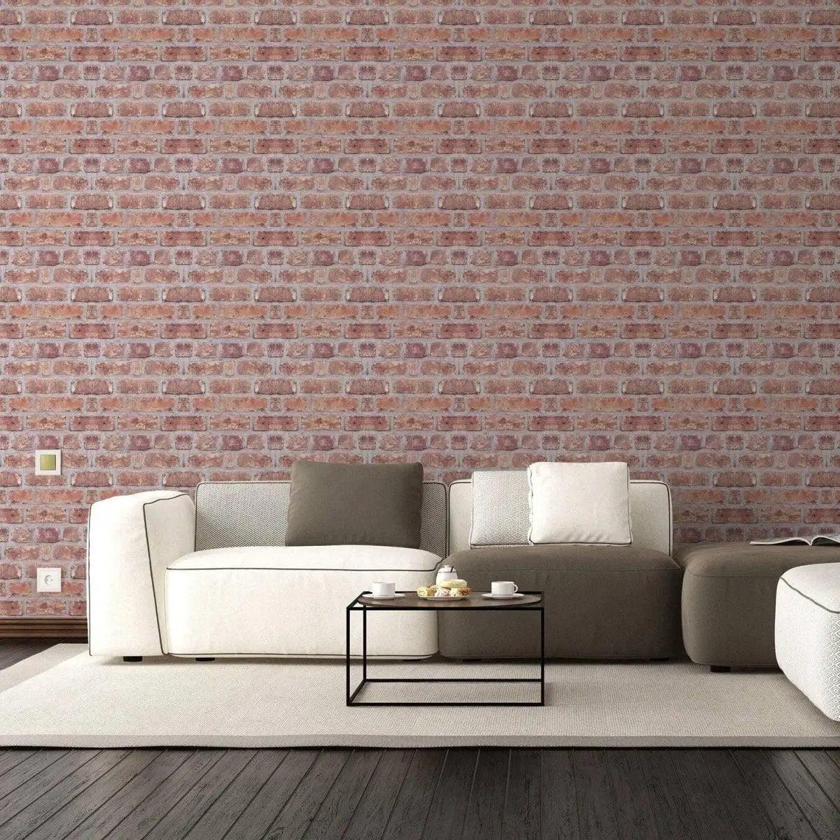 Modern living room featuring brick self-adhesive wallpaper, showcasing a cozy and stylish interior upgrade.