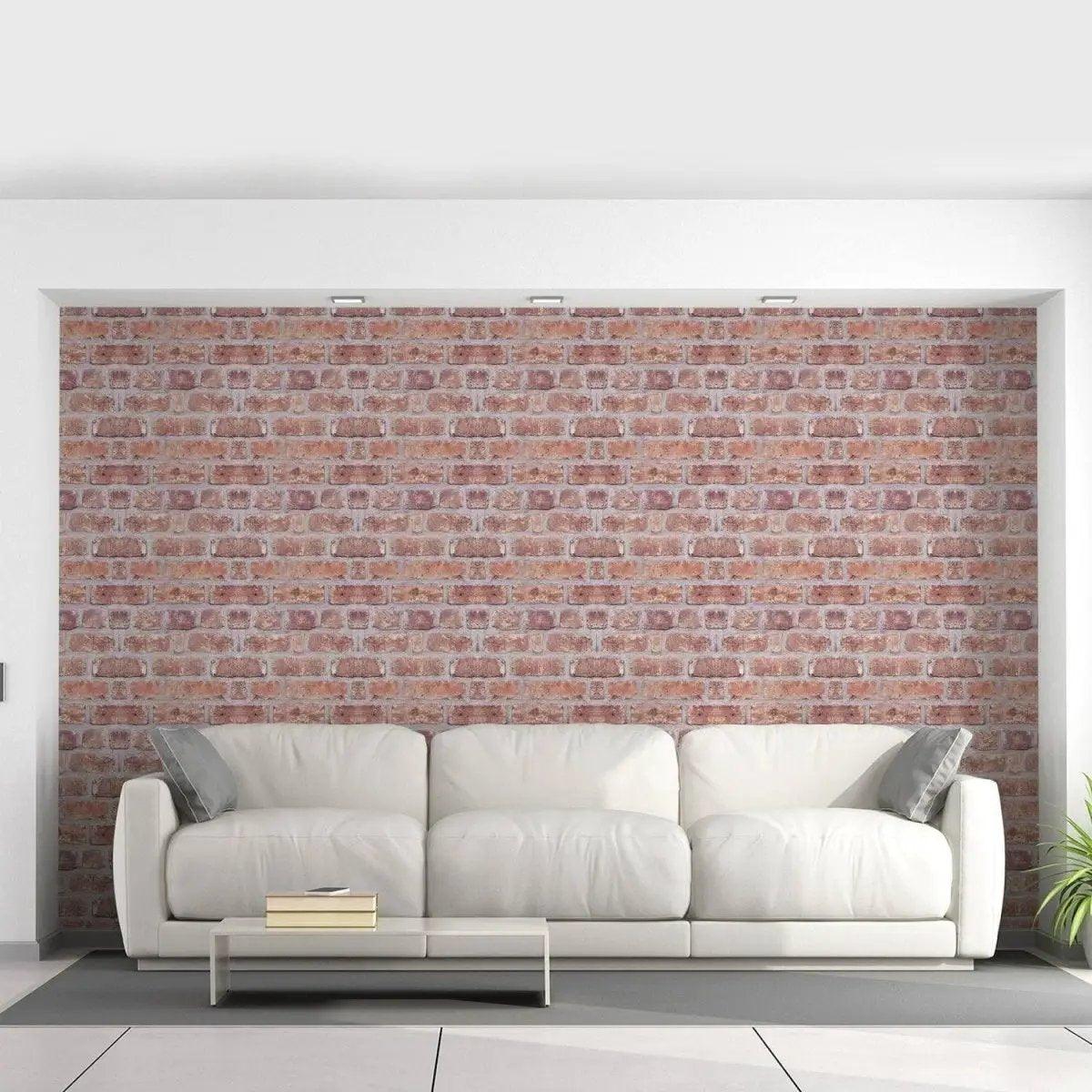 3D brick self-adhesive wallpaper in modern living room with white sofa, showcasing a stunning stone wall effect.