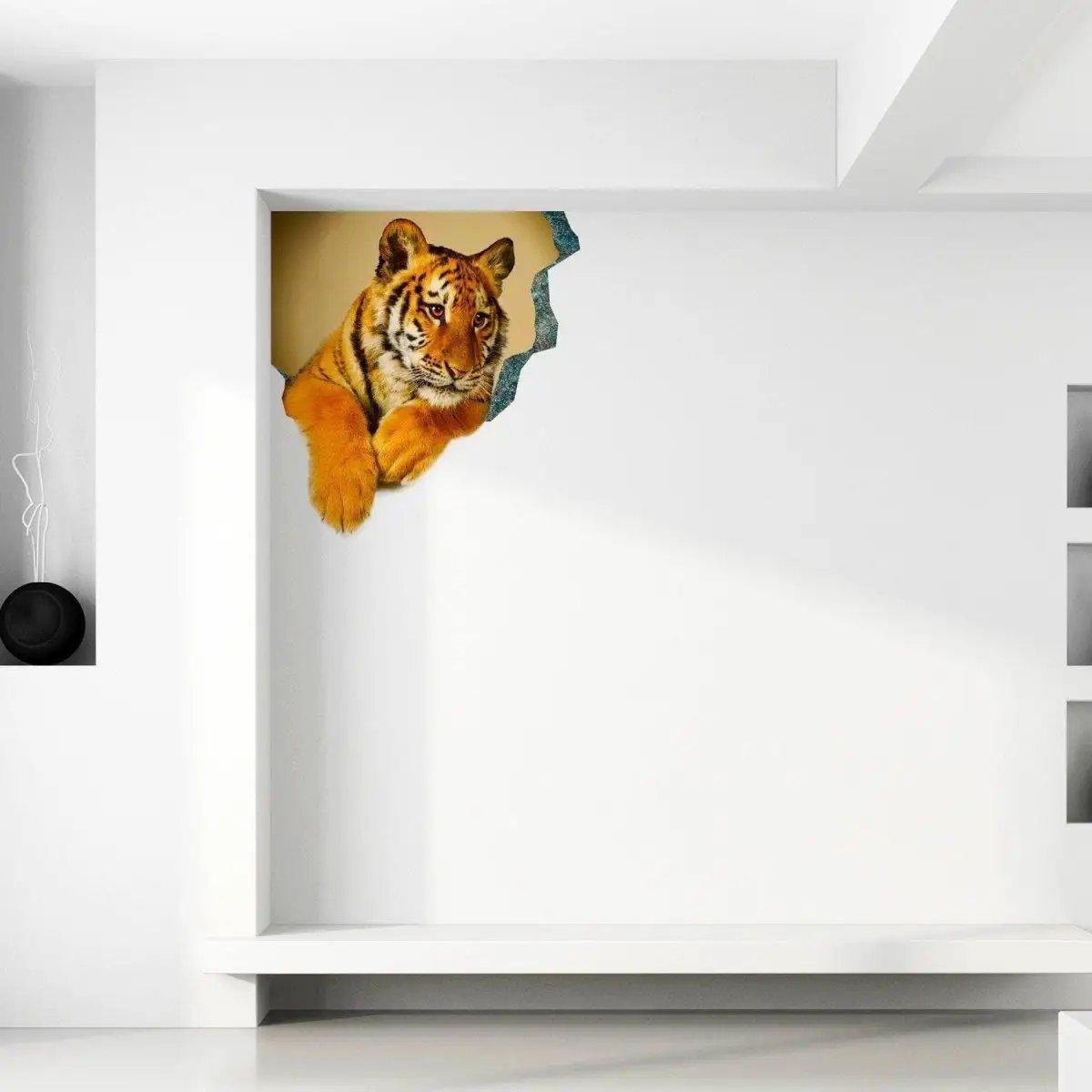 3D tiger wall decal creating an optical illusion on a modern bedroom wall, enhancing décor and adding excitement.