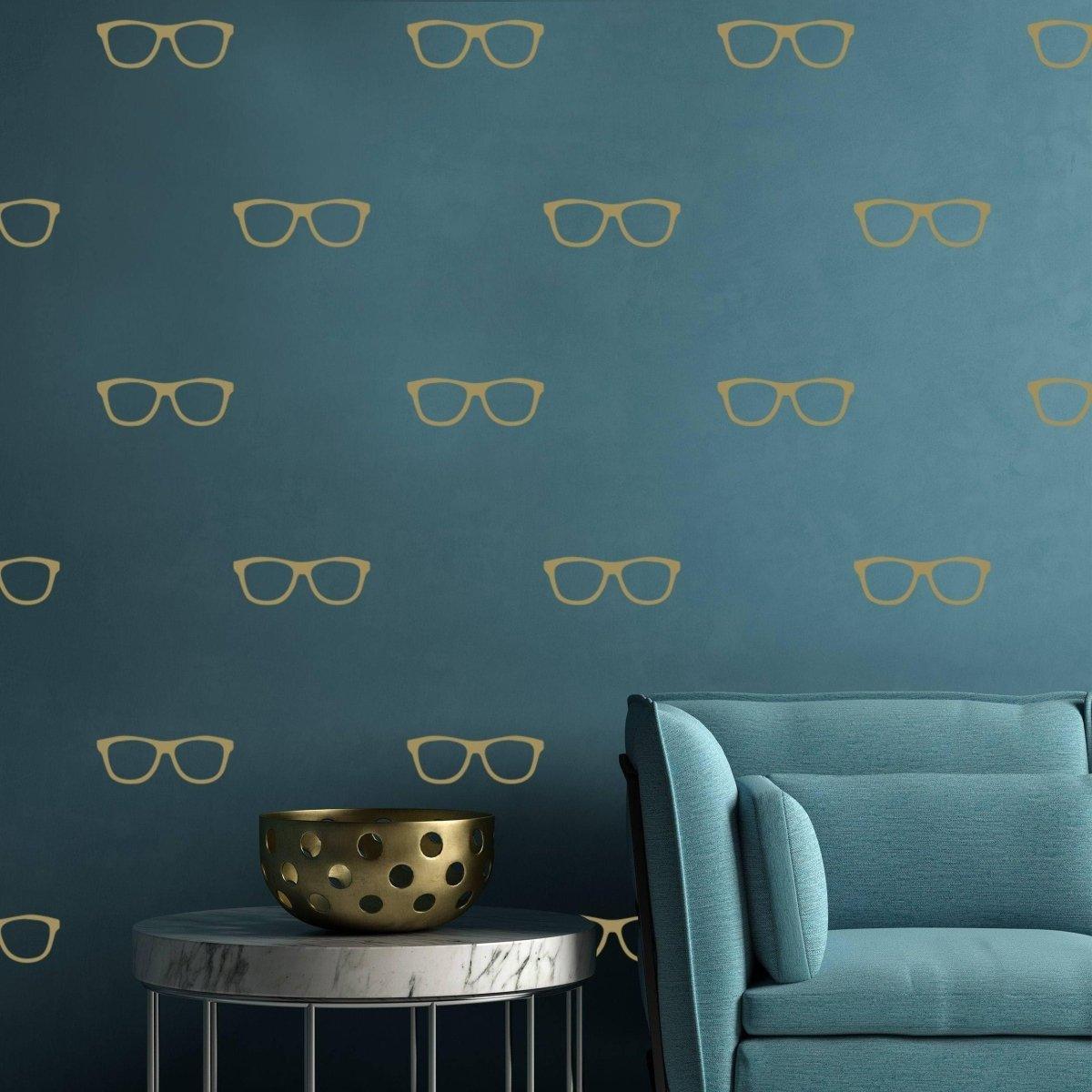 Wall featuring glasses wall decals in gold on a blue background, stylish decor for any room.