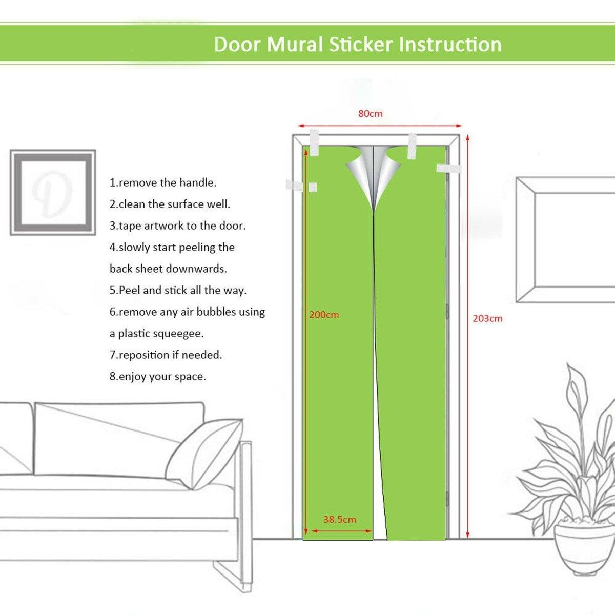 Instruction guide for applying a door mural sticker, including steps for installation and repositioning.