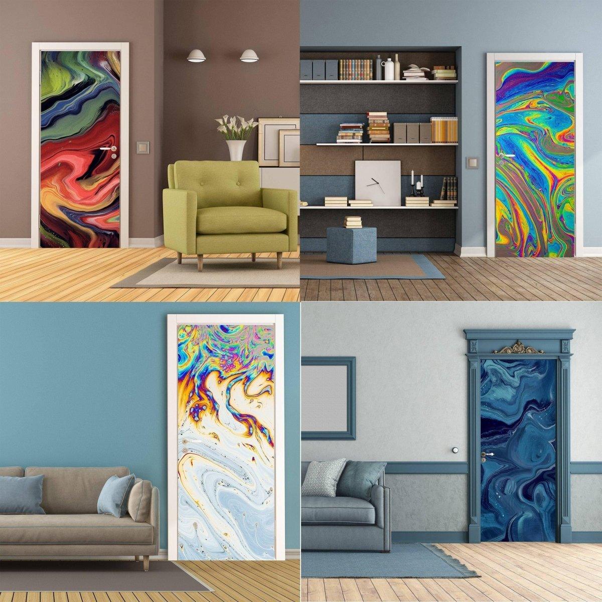 4 stylish rooms featuring 3D abstract vinyl door mural stickers in vibrant colors and creative designs.