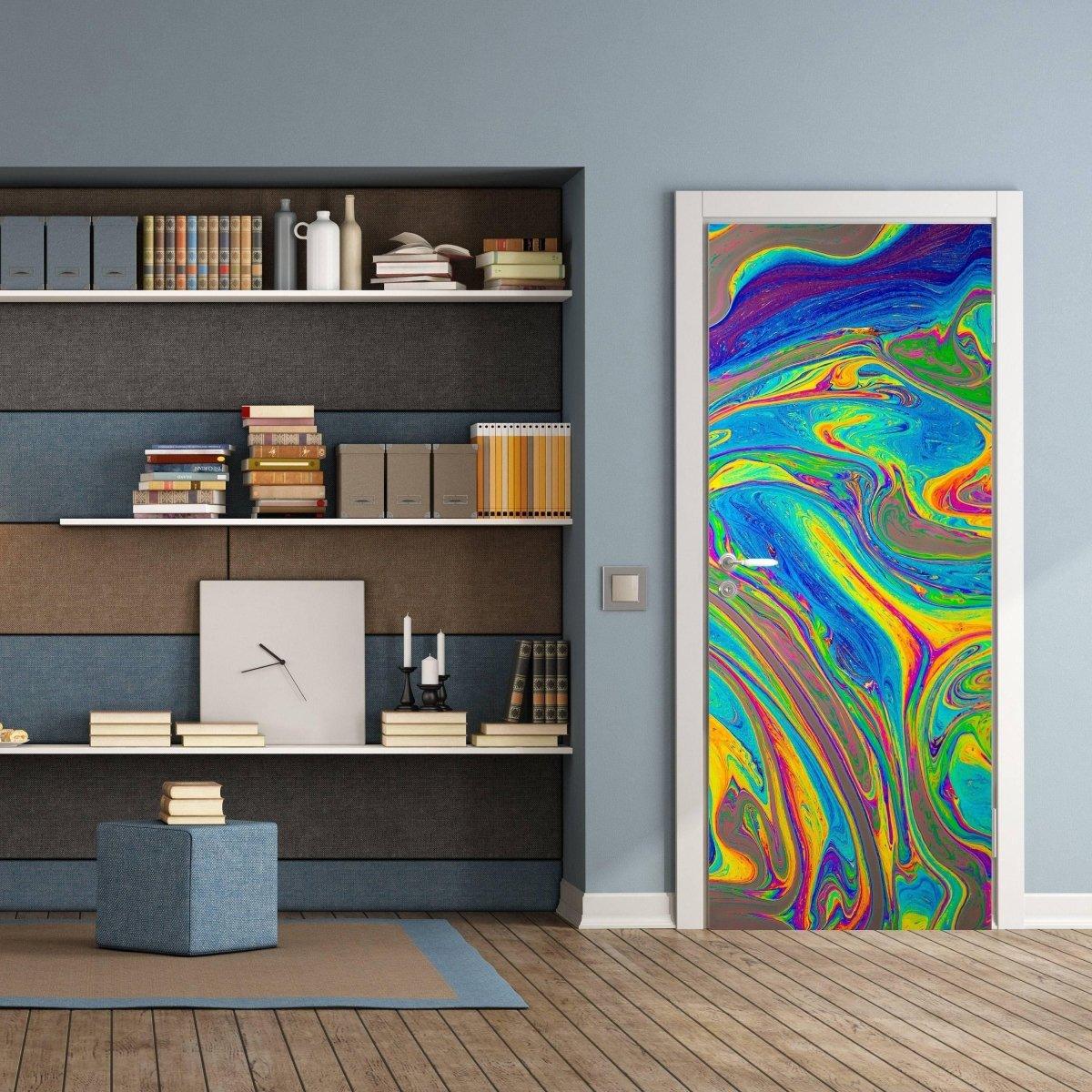 Vibrant 3D abstract vinyl door mural sticker in modern room with bookshelves and stylish decor.