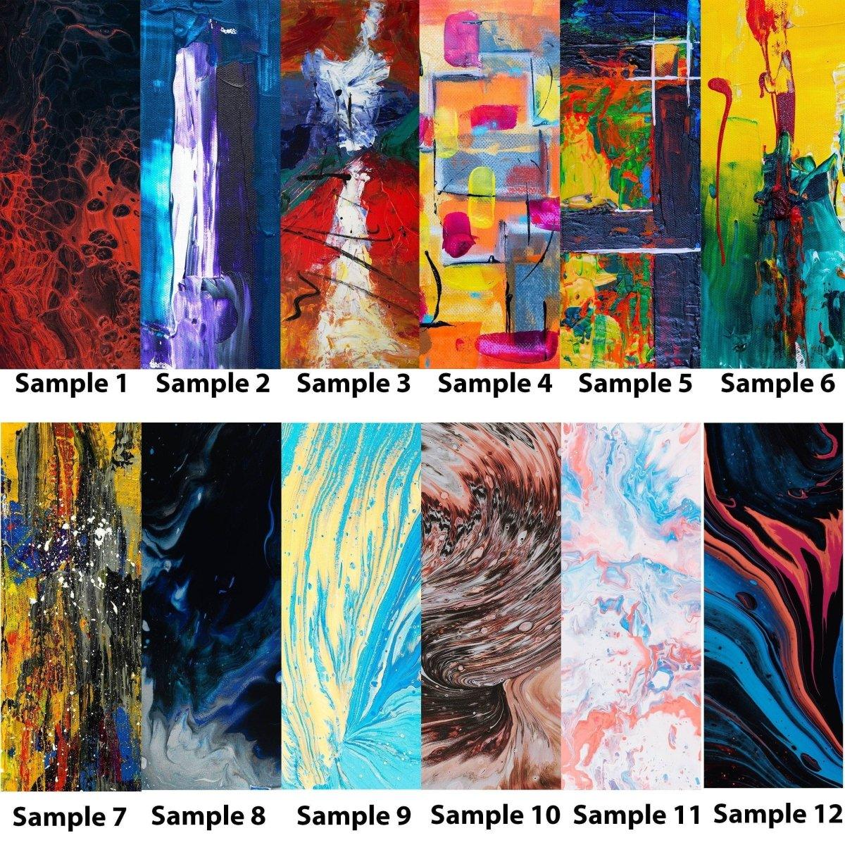 Colorful samples of 3D abstract transformation door wrap designs in various styles and textures.