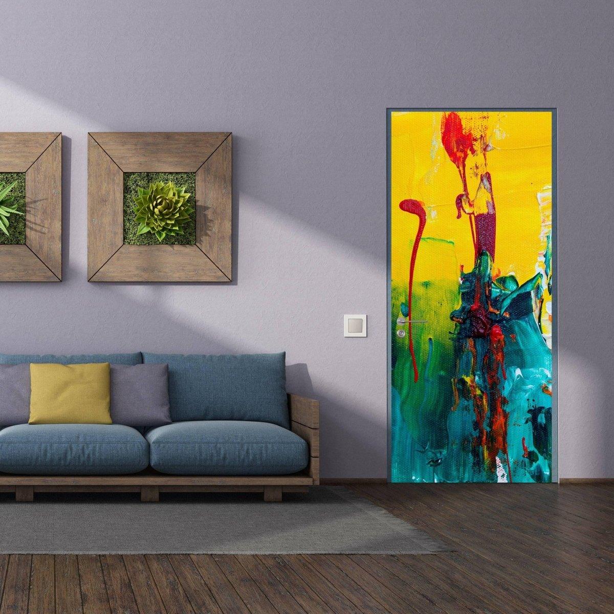 Colorful 3D abstract door wrap kit in modern living room with sofa and wall art decor.