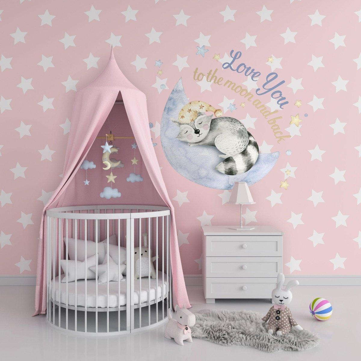 Adorable nursery design with a soft pink wall, star motifs, and a decal that says 'Love You to the moon and back' featuring a sleeping cat.