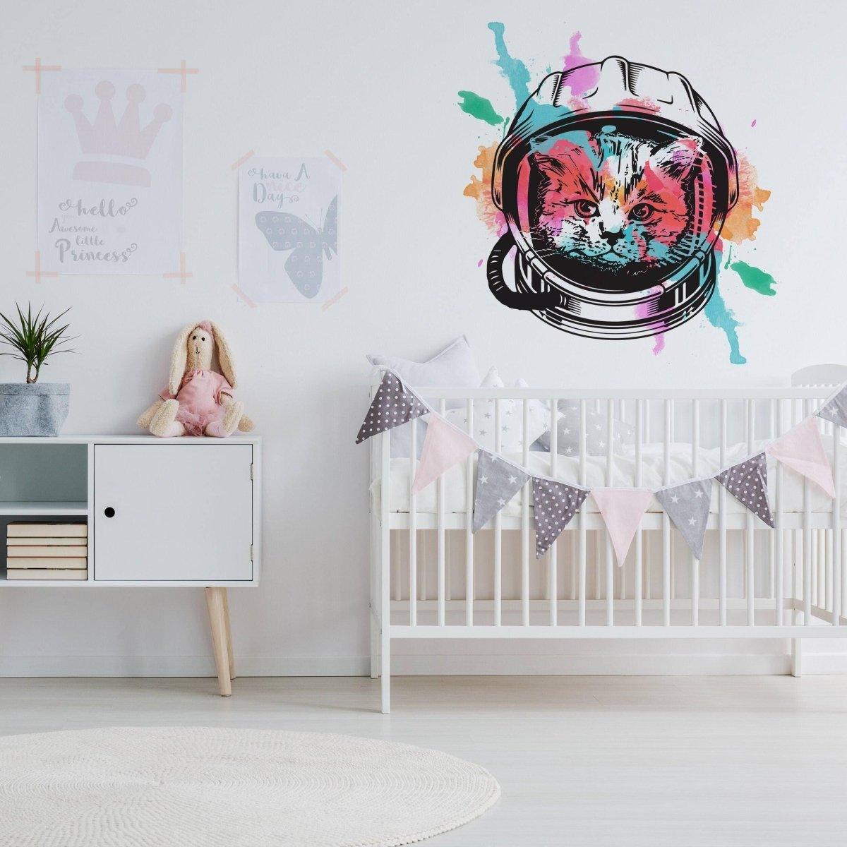 Whimsical astronaut kitty wall decal in a vibrant nursery setting, perfect for kids' room decor.