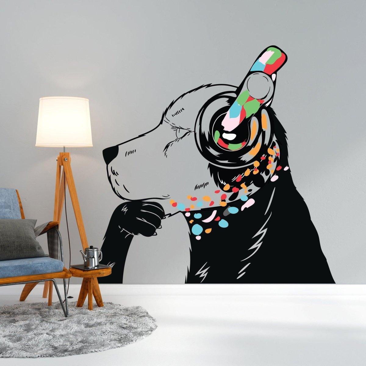 Dog in headphones wall decal, inspired by street art, colorful modern decor for creative spaces.