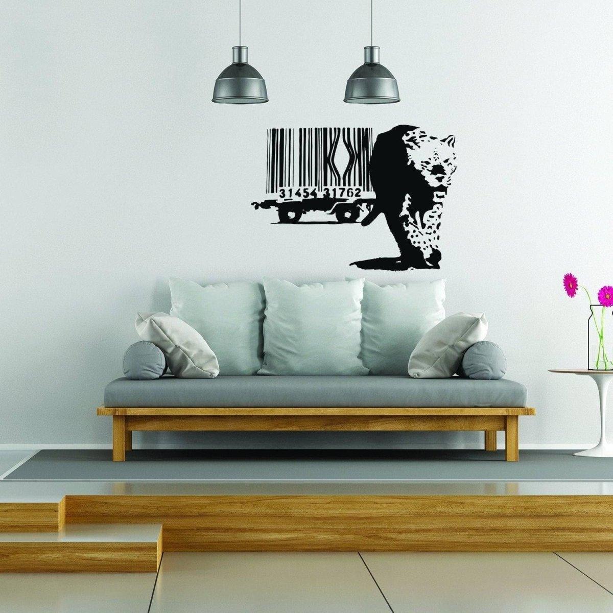 Artistic leopard barcode wall sticker above modern gray sofa in stylish living room decor.