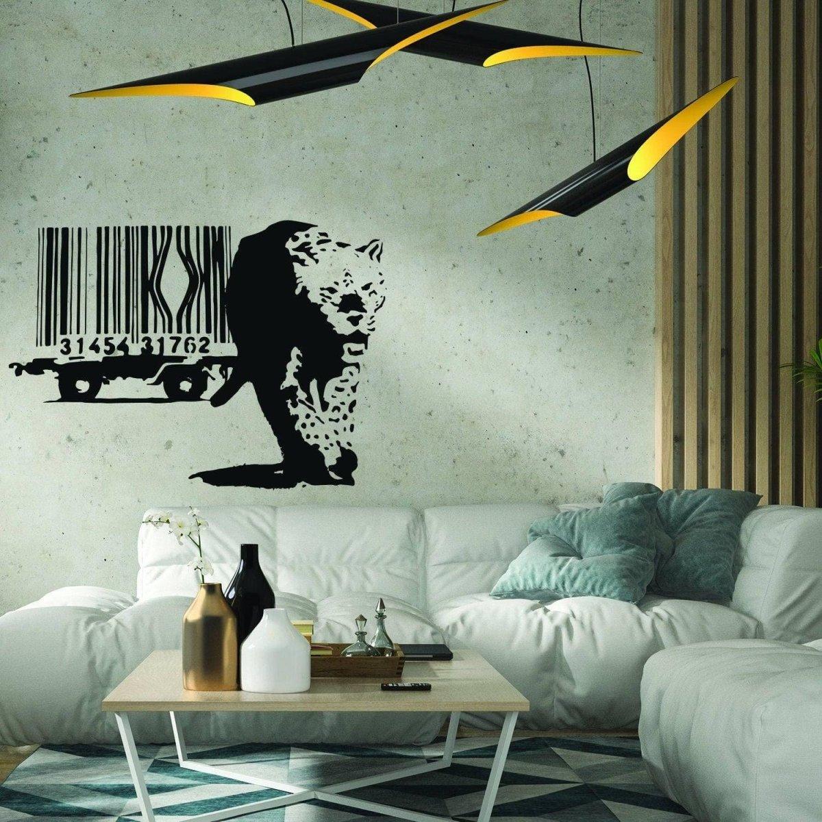 Artistic leopard barcode wall sticker in modern living room decor with stylish furniture and lighting.