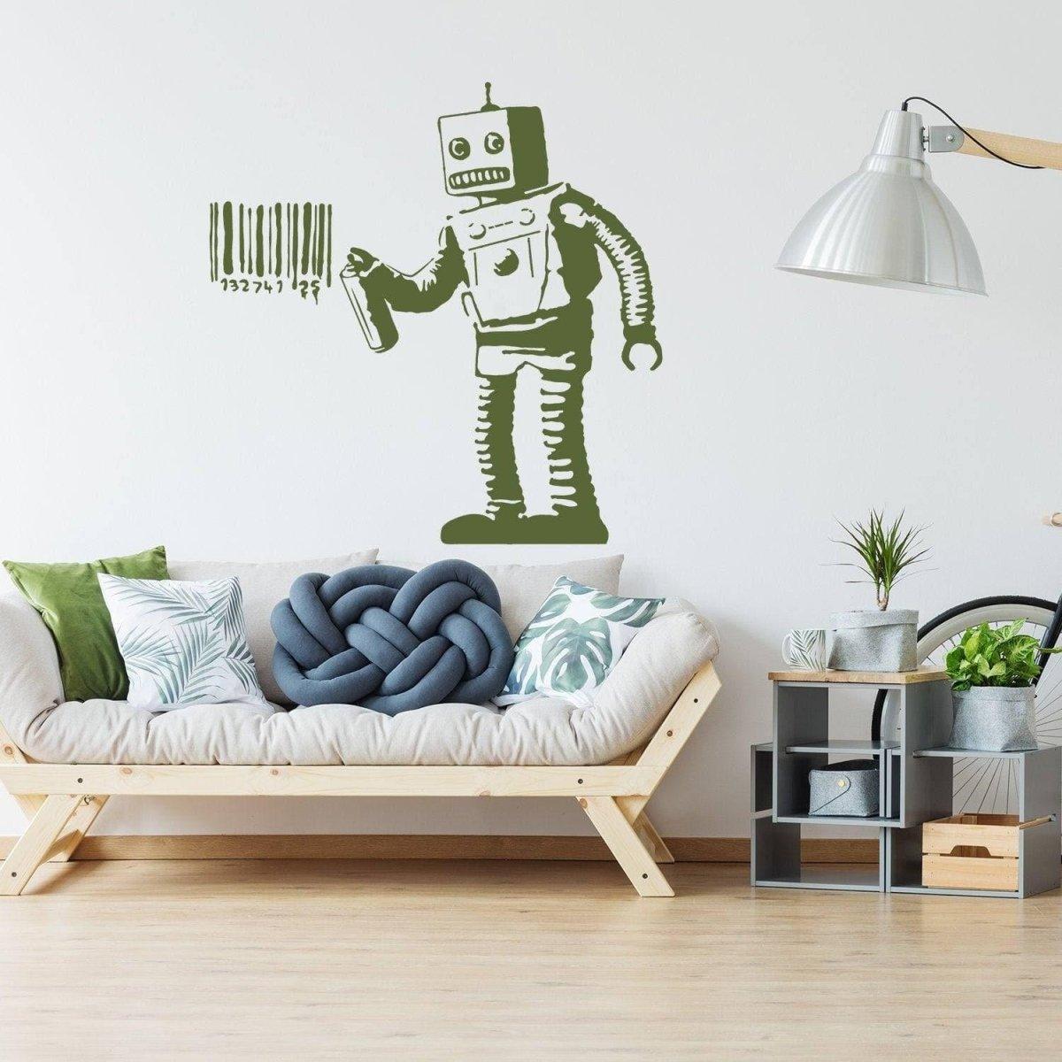 Street art style robot barcode vinyl decal on wall above modern sofa, showcasing trendy graffiti decor.