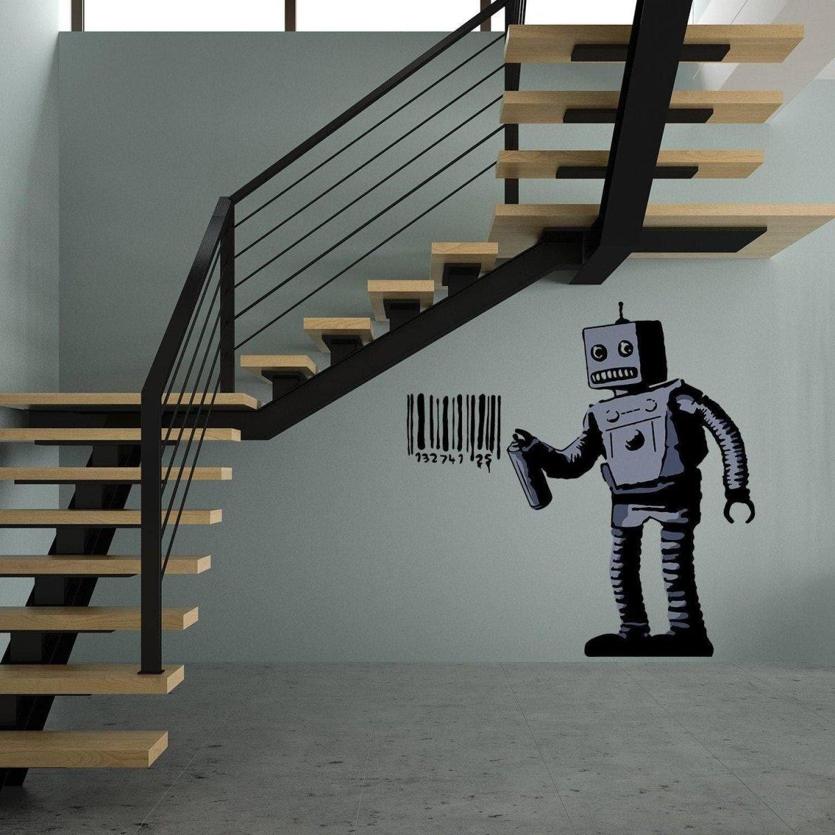 Banksy-style Barcode Robot wall vinyl sticker on stairwell, adding urban street art flair to modern decor.