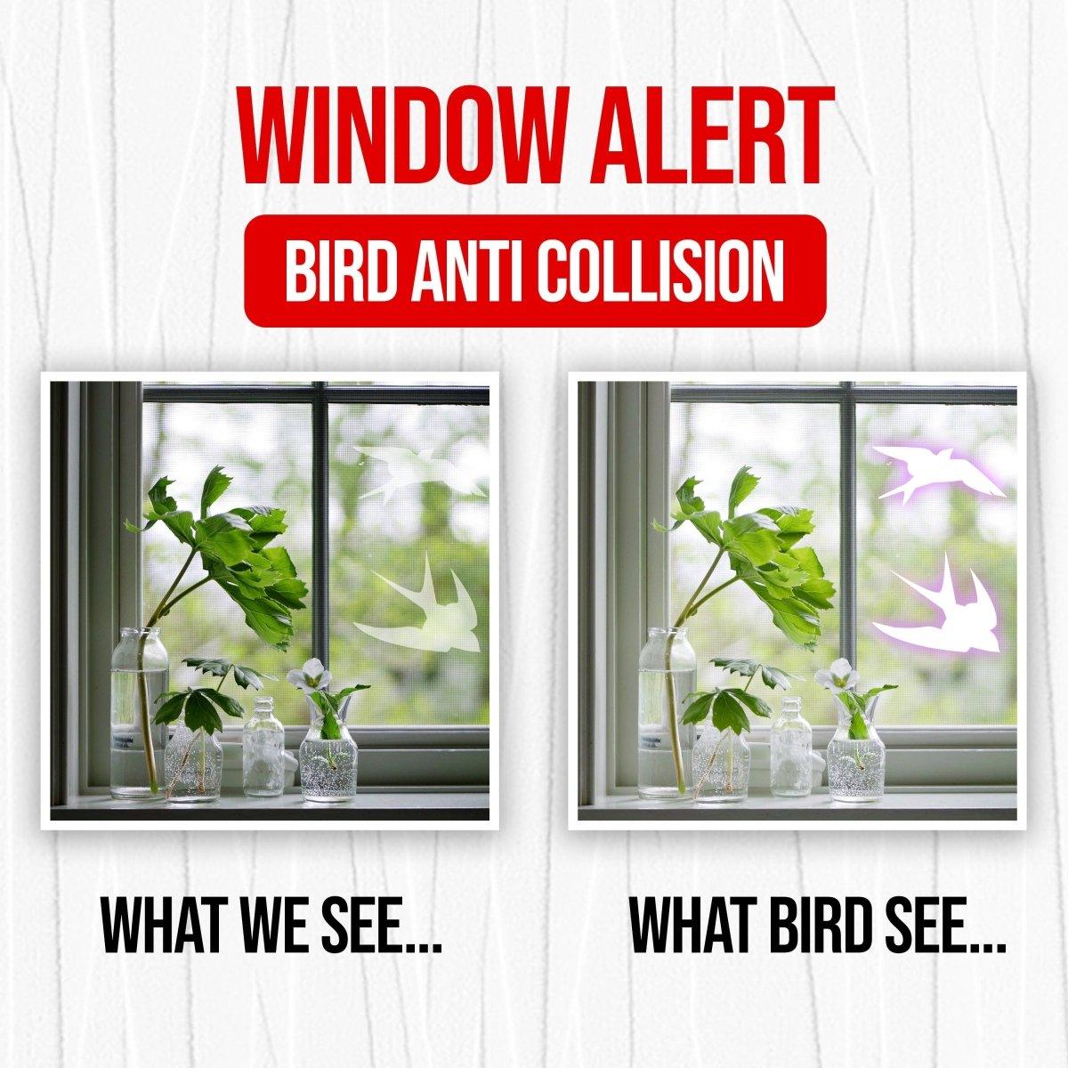 Window decal set showing bird anti-collision effect; view for humans vs. view for birds.