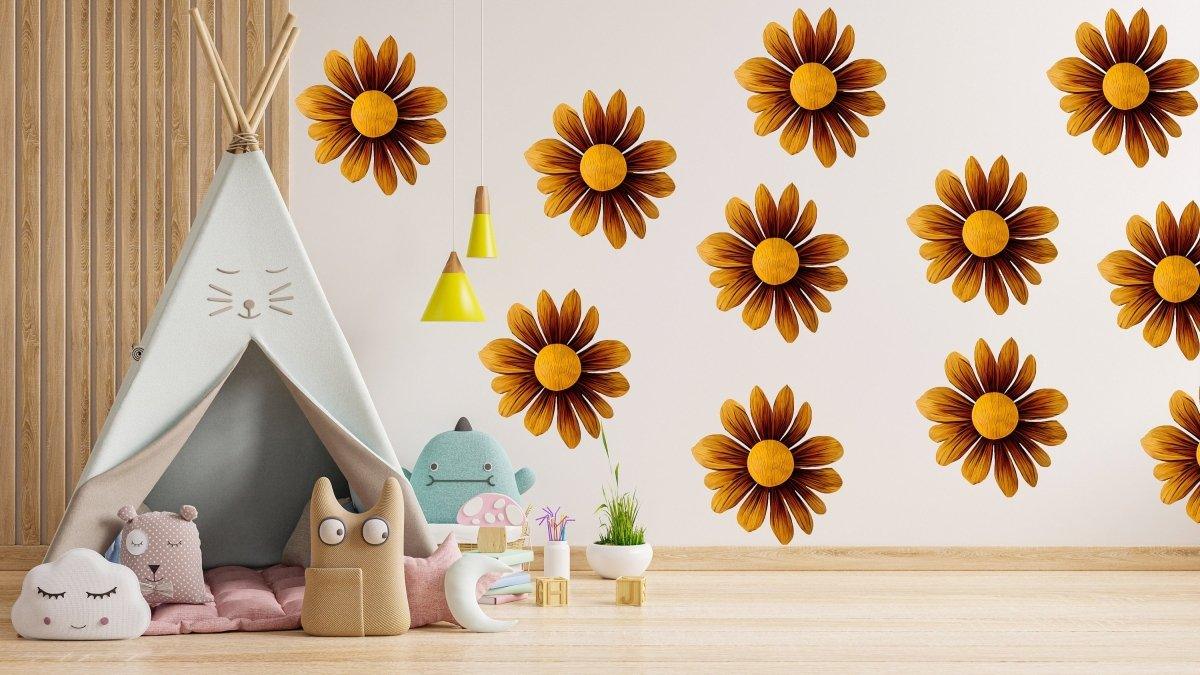 Boho Blossom Daisy wall stickers in a cozy room, featuring vibrant brown flower decals on a white wall.