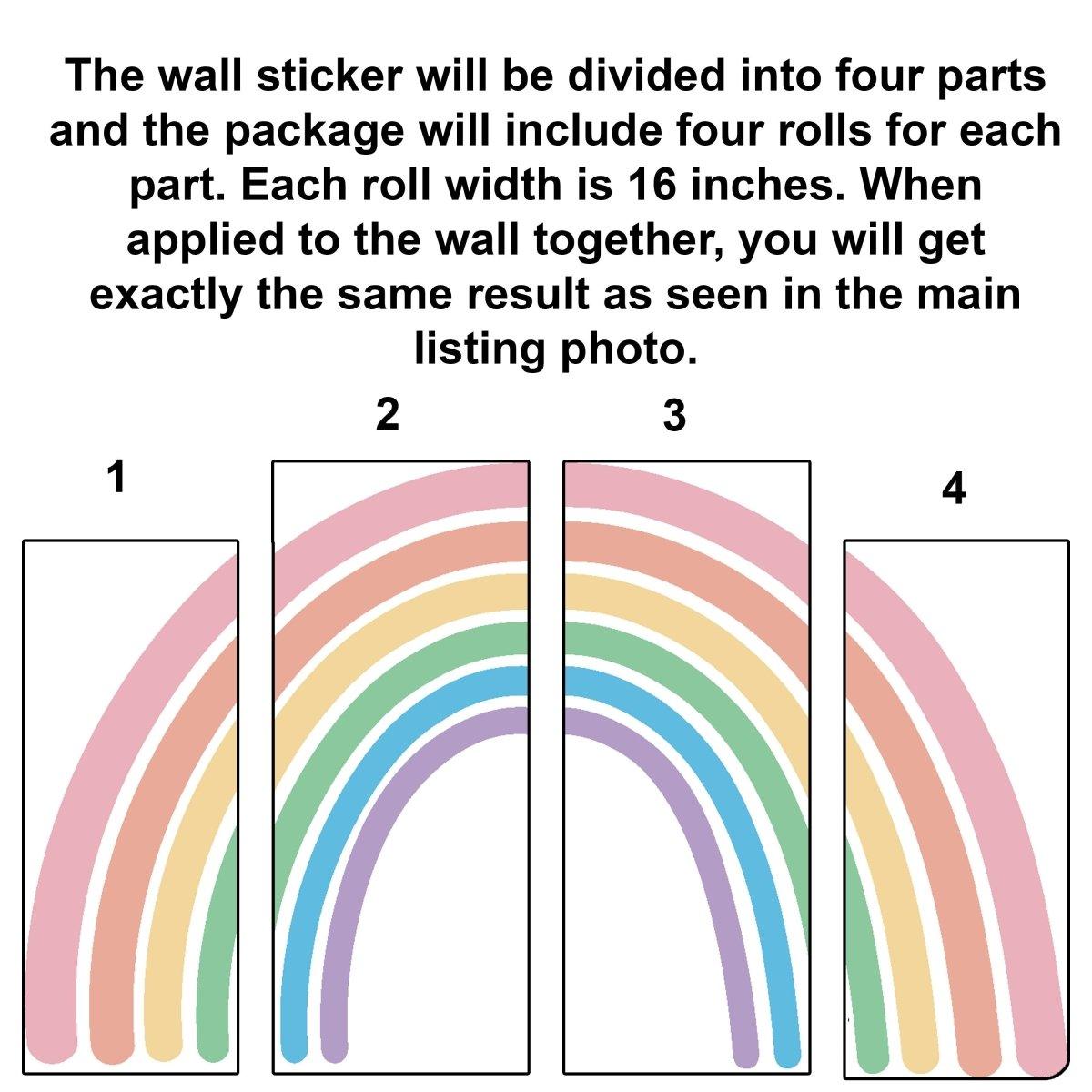 Illustration showing four parts of a rainbow wall sticker, each 16 inches wide, for easy installation in kids' rooms.