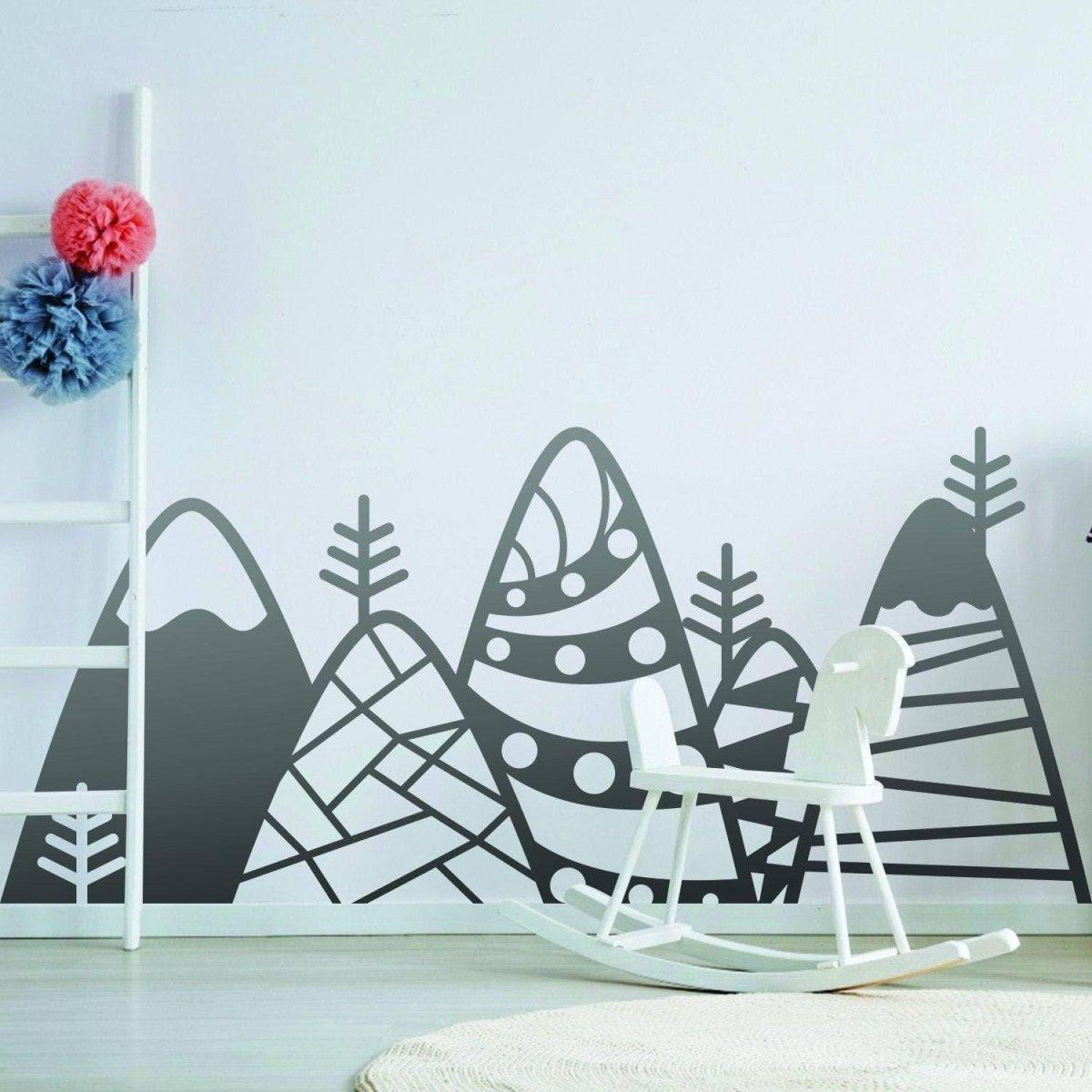 Peaks wall sticker featuring patterned mountains and trees in a modern interior design setting.